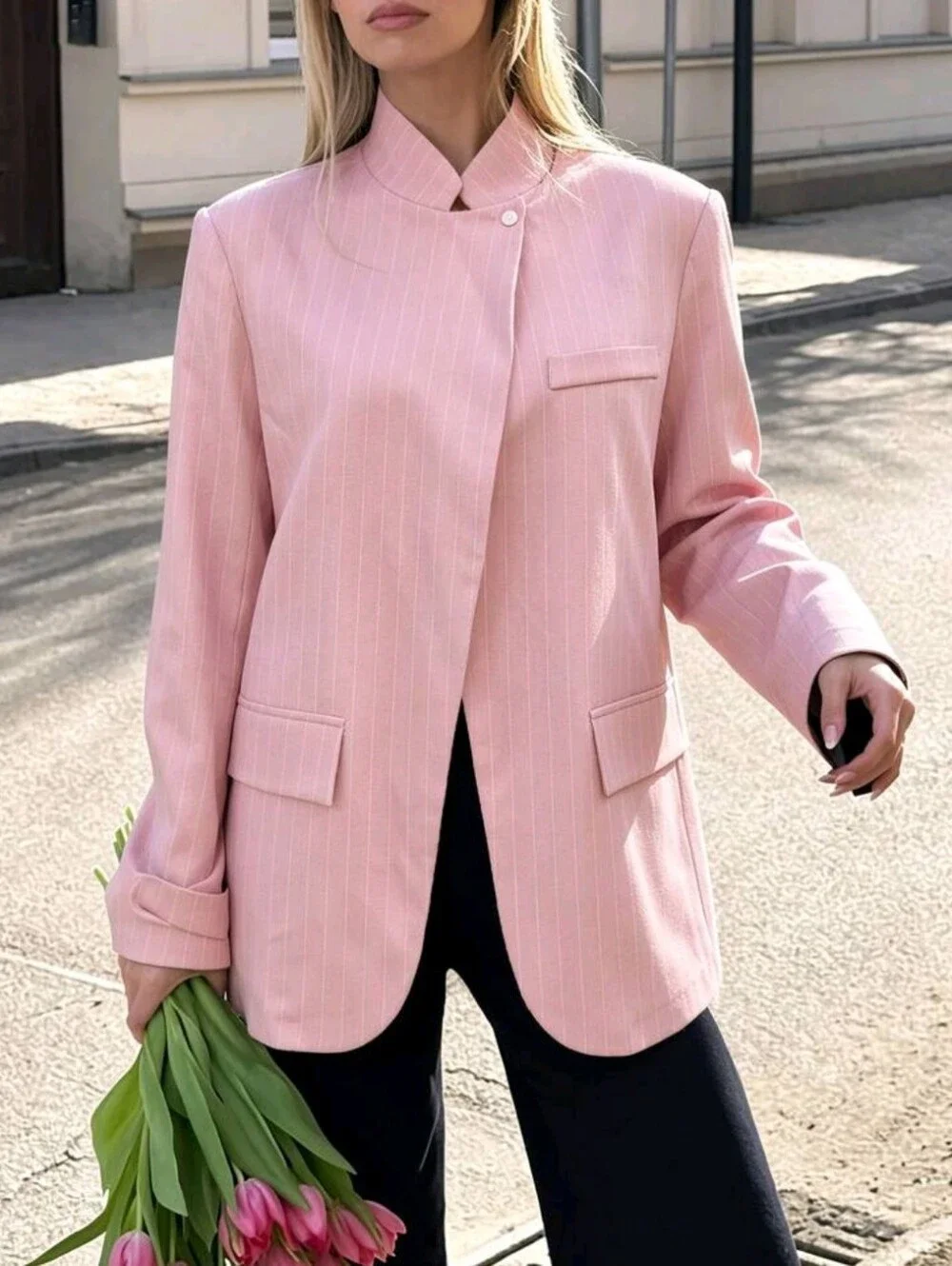 Women's French Gentle Style Pink Stand Collar Asymmetric Button Loose Silhouette